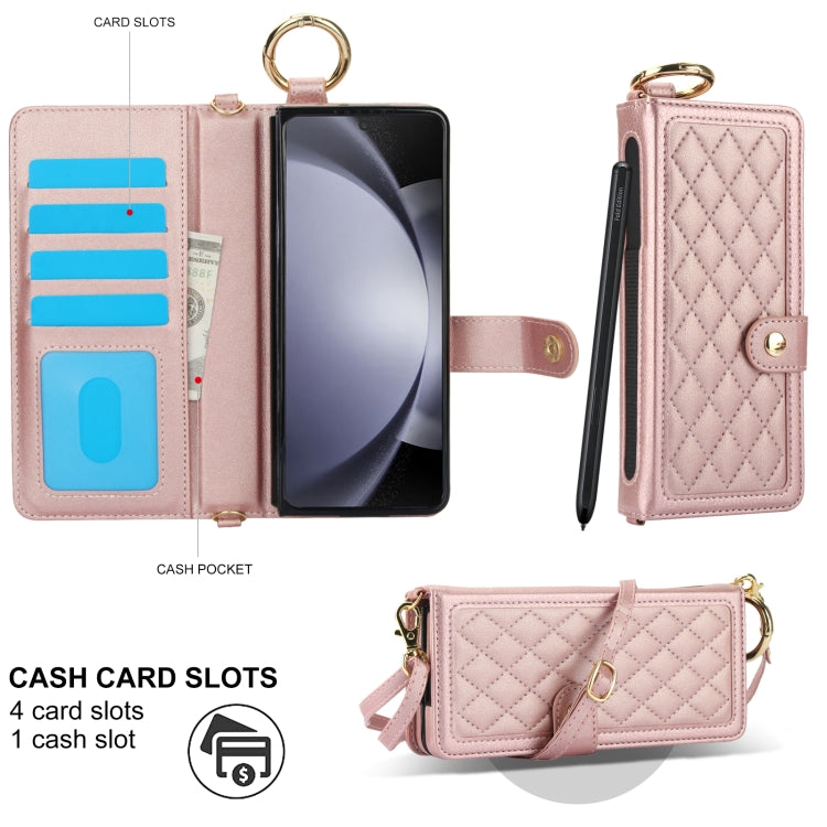 For Samsung Galaxy Z Fold6 Splicing Rhombic Texture Phone Case with Long & Short Lanyard, Not Included Pen