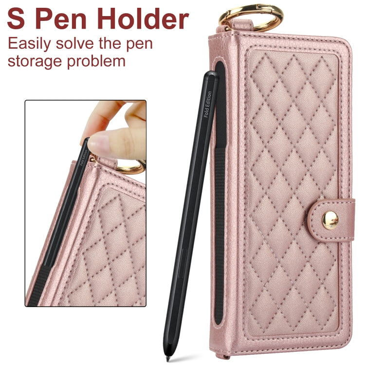 For Samsung Galaxy Z Fold6 Splicing Rhombic Texture Phone Case with Long & Short Lanyard, Not Included Pen