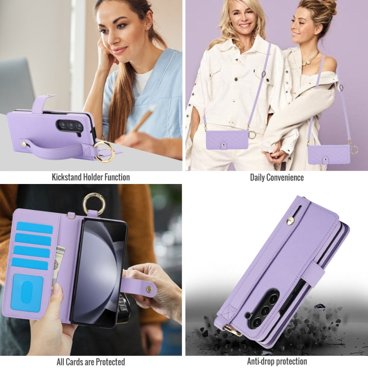 For Samsung Galaxy Z Fold6 Splicing Rhombic Texture Phone Case with Long & Short Lanyard, Not Included Pen