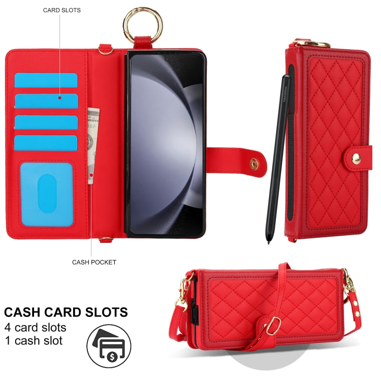 For Samsung Galaxy Z Fold6 Splicing Rhombic Texture Phone Case with Long & Short Lanyard, Not Included Pen