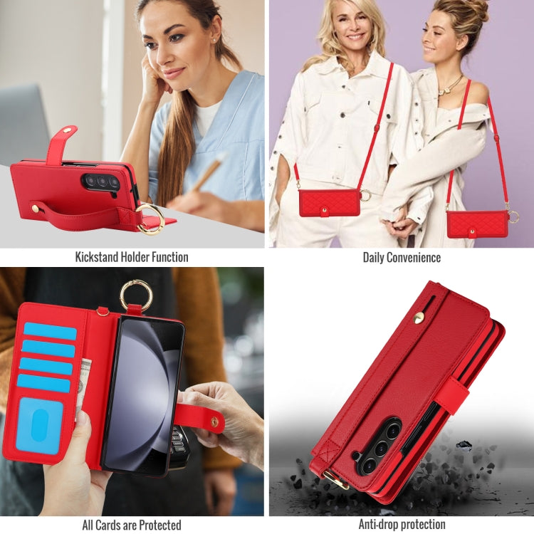 For Samsung Galaxy Z Fold6 Splicing Rhombic Texture Phone Case with Long & Short Lanyard, Not Included Pen