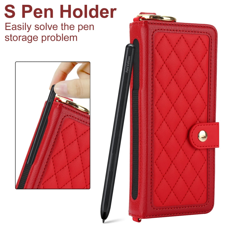 For Samsung Galaxy Z Fold6 Splicing Rhombic Texture Phone Case with Long & Short Lanyard, Not Included Pen