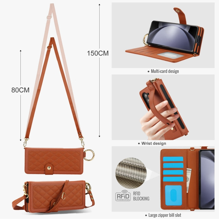 For Samsung Galaxy Z Fold6 Splicing Rhombic Texture Phone Case with Long & Short Lanyard, Not Included Pen