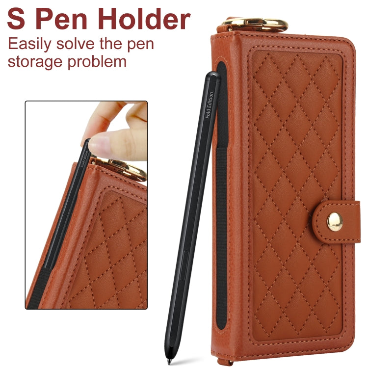 For Samsung Galaxy Z Fold6 Splicing Rhombic Texture Phone Case with Long & Short Lanyard, Not Included Pen