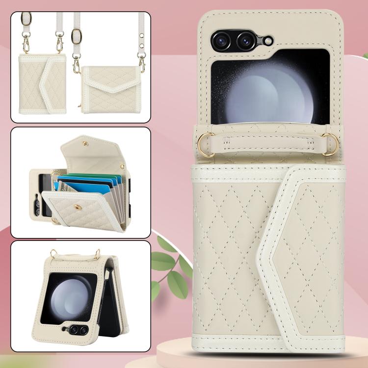 For Samsung Galaxy Z Flip7 5G Splicing Rhombic Texture Phone Case with Long & Short Lanyard, Not Included Pen