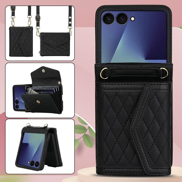 For Samsung Galaxy Z Flip7 5G Splicing Rhombic Texture Phone Case with Long & Short Lanyard, Not Included Pen