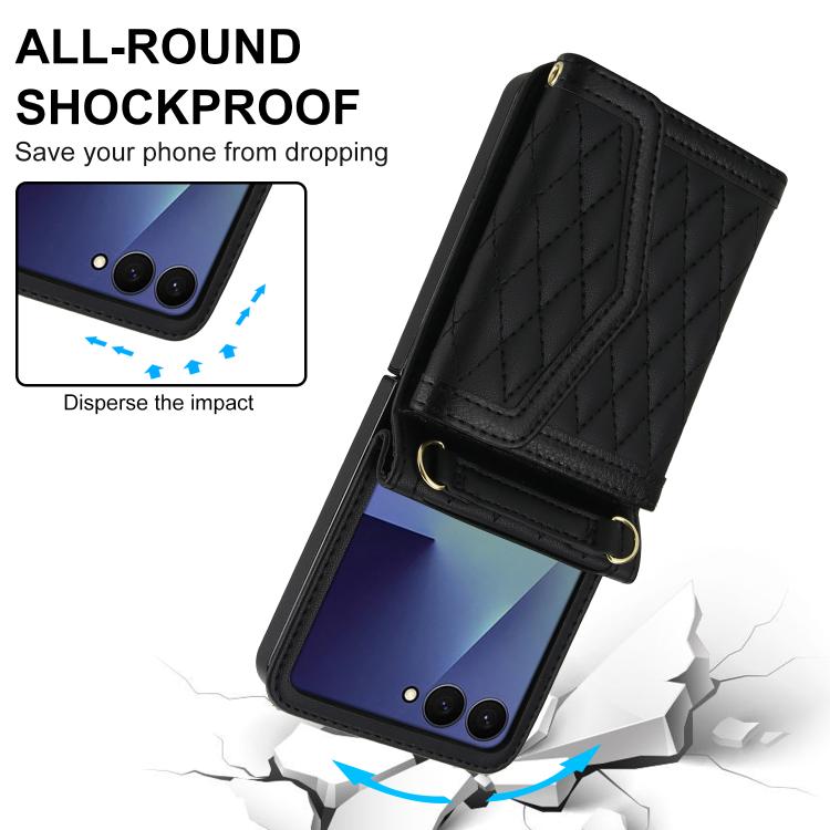 For Samsung Galaxy Z Flip7 5G Splicing Rhombic Texture Phone Case with Long & Short Lanyard, Not Included Pen