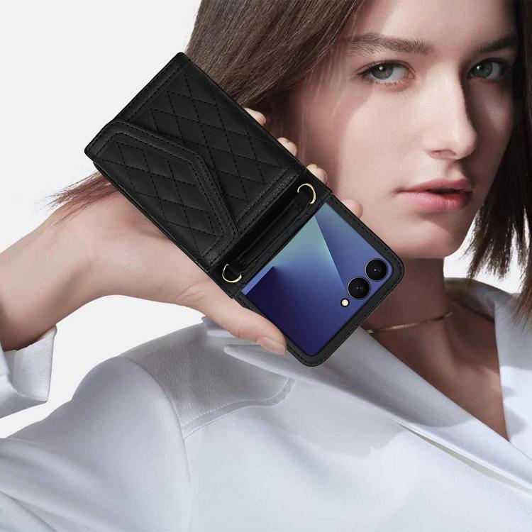 For Samsung Galaxy Z Flip7 5G Splicing Rhombic Texture Phone Case with Long & Short Lanyard, Not Included Pen