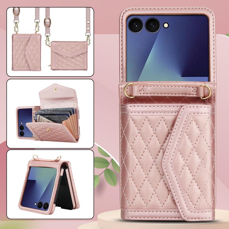 For Samsung Galaxy Z Flip7 5G Splicing Rhombic Texture Phone Case with Long & Short Lanyard, Not Included Pen