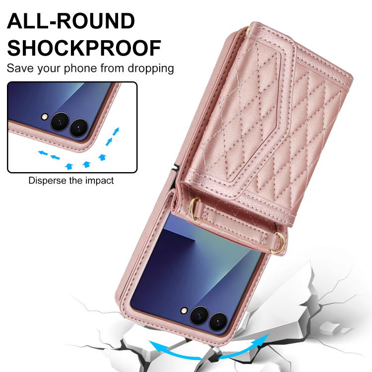 For Samsung Galaxy Z Flip7 5G Splicing Rhombic Texture Phone Case with Long & Short Lanyard, Not Included Pen