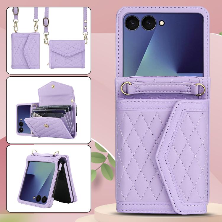For Samsung Galaxy Z Flip7 5G Splicing Rhombic Texture Phone Case with Long & Short Lanyard, Not Included Pen