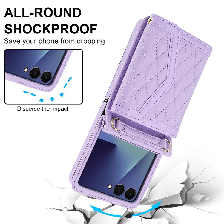 For Samsung Galaxy Z Flip7 5G Splicing Rhombic Texture Phone Case with Long & Short Lanyard, Not Included Pen