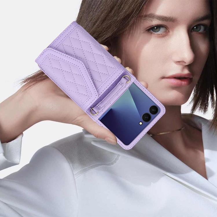 For Samsung Galaxy Z Flip7 5G Splicing Rhombic Texture Phone Case with Long & Short Lanyard, Not Included Pen