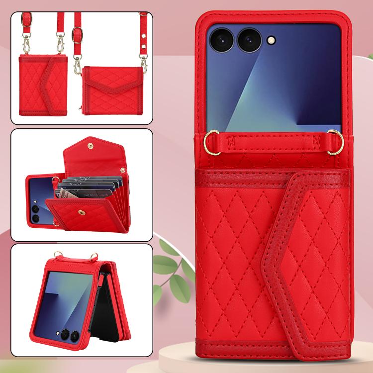 For Samsung Galaxy Z Flip7 5G Splicing Rhombic Texture Phone Case with Long & Short Lanyard, Not Included Pen