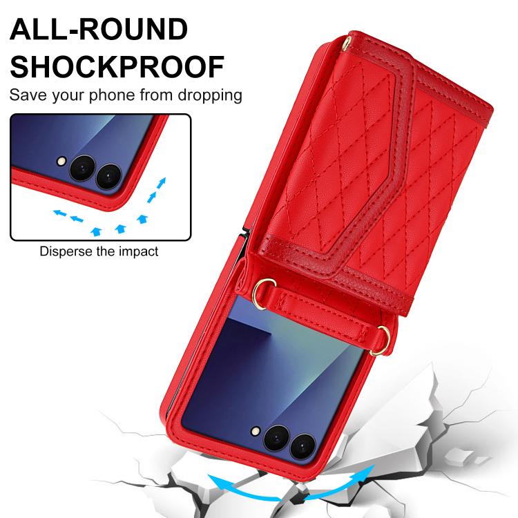 For Samsung Galaxy Z Flip7 5G Splicing Rhombic Texture Phone Case with Long & Short Lanyard, Not Included Pen