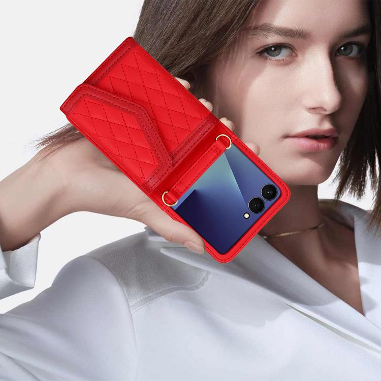 For Samsung Galaxy Z Flip7 5G Splicing Rhombic Texture Phone Case with Long & Short Lanyard, Not Included Pen