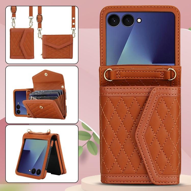 For Samsung Galaxy Z Flip7 5G Splicing Rhombic Texture Phone Case with Long & Short Lanyard, Not Included Pen