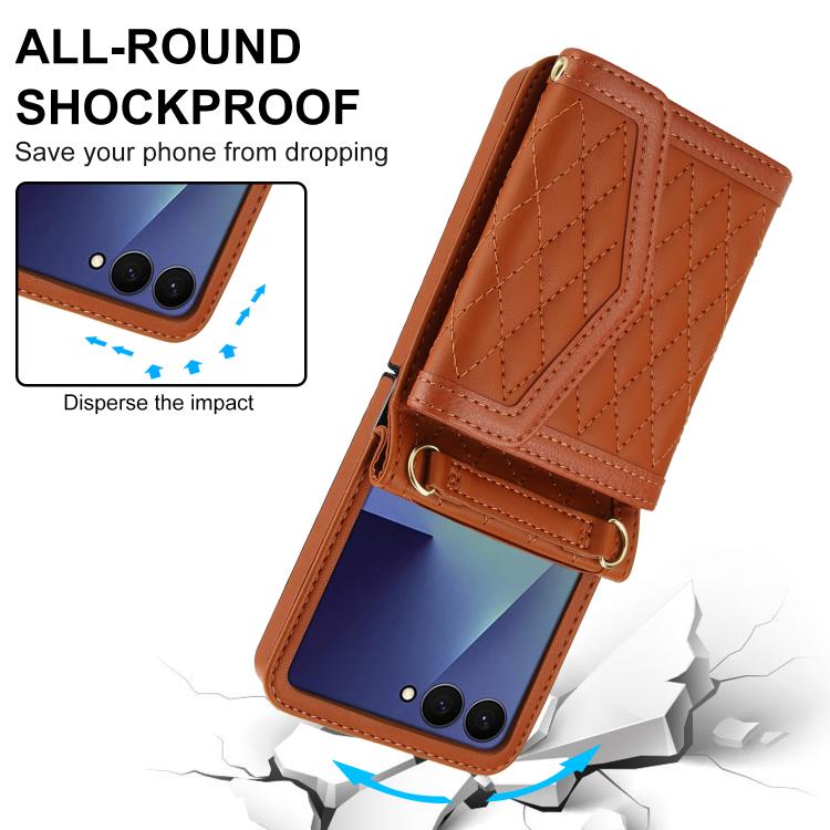 For Samsung Galaxy Z Flip7 5G Splicing Rhombic Texture Phone Case with Long & Short Lanyard, Not Included Pen