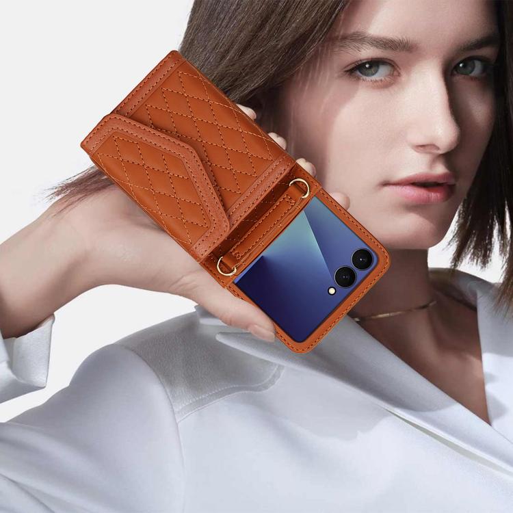For Samsung Galaxy Z Flip7 5G Splicing Rhombic Texture Phone Case with Long & Short Lanyard, Not Included Pen