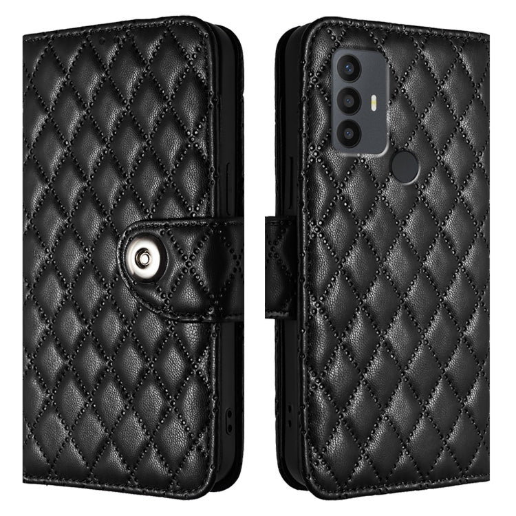 For TCL 30 SE Rhombic Texture Flip Leather Phone Case with Lanyard
