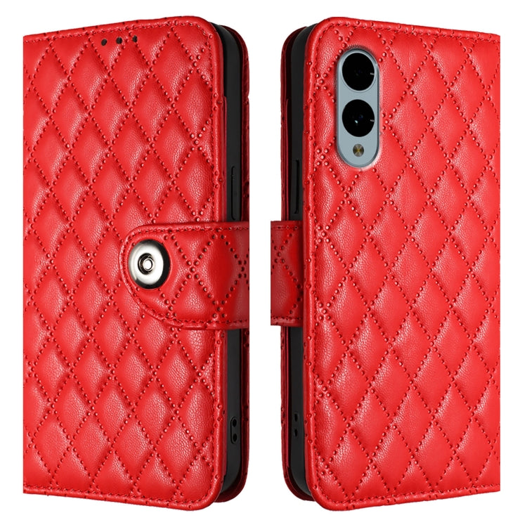 For Fujitsu Arrows We2 Plus F-51E Rhombic Texture Flip Leather Phone Case with Lanyard