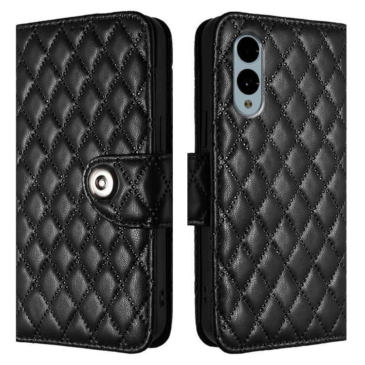 For Fujitsu Arrows We2 Plus F-51E Rhombic Texture Flip Leather Phone Case with Lanyard