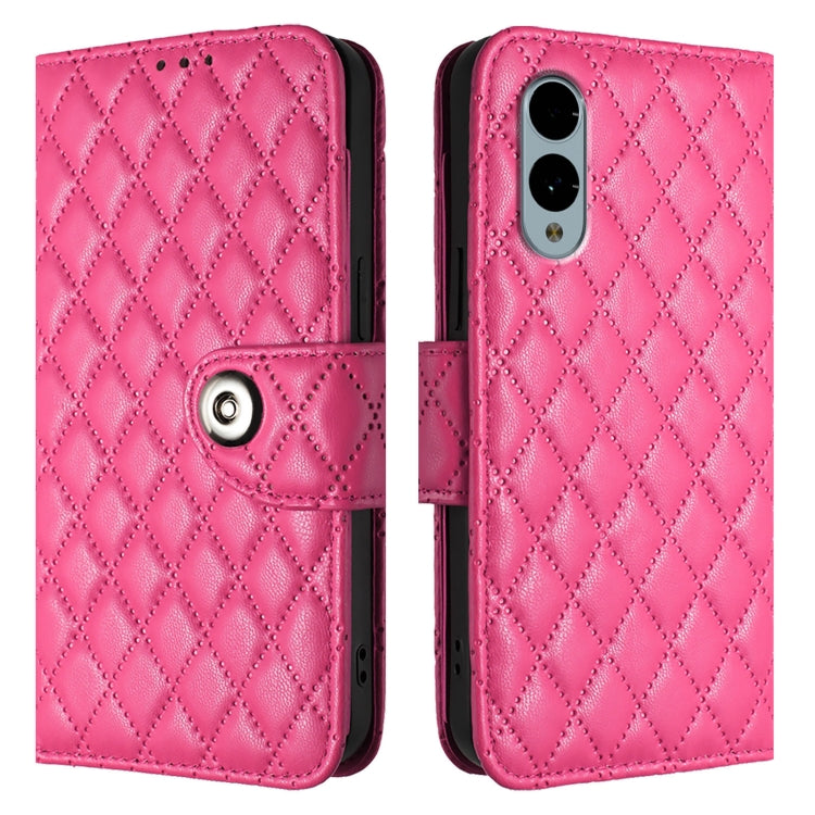 For Fujitsu Arrows We2 Plus F-51E Rhombic Texture Flip Leather Phone Case with Lanyard