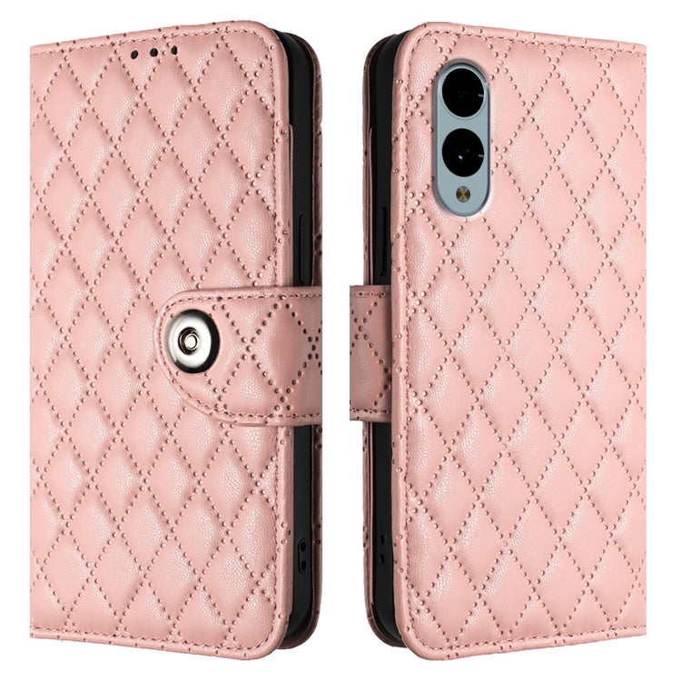 For Fujitsu Arrows We2 Plus F-51E Rhombic Texture Flip Leather Phone Case with Lanyard