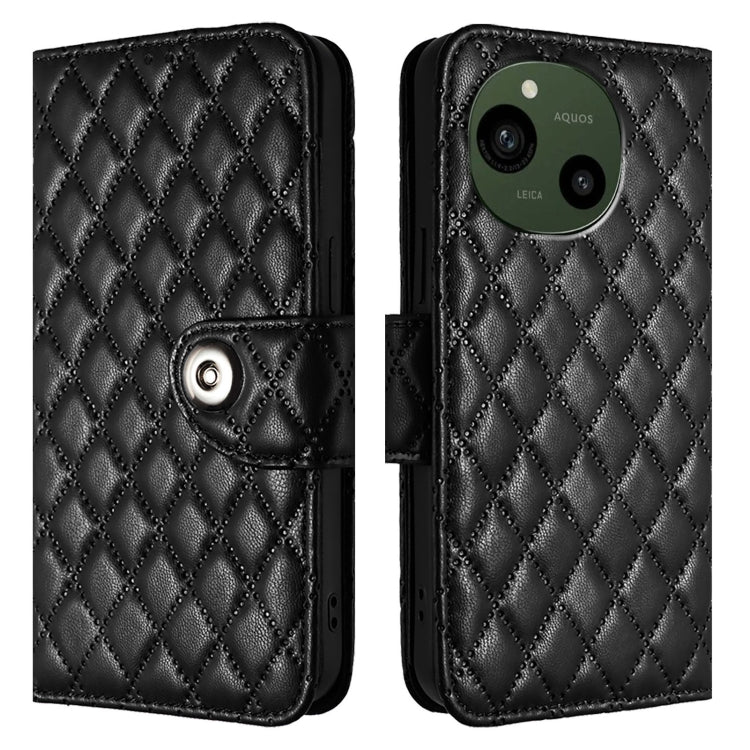 For Sharp Aquos R9 SH-51E Rhombic Texture Flip Leather Phone Case with Lanyard
