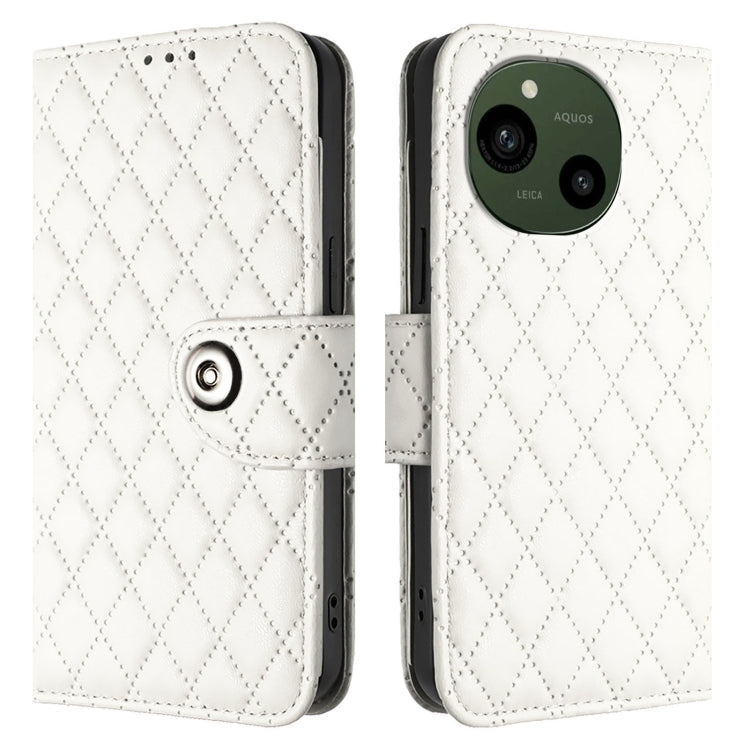 For Sharp Aquos R9 SH-51E Rhombic Texture Flip Leather Phone Case with Lanyard