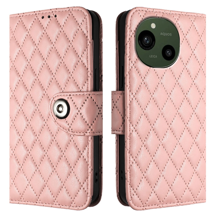 For Sharp Aquos R9 SH-51E Rhombic Texture Flip Leather Phone Case with Lanyard