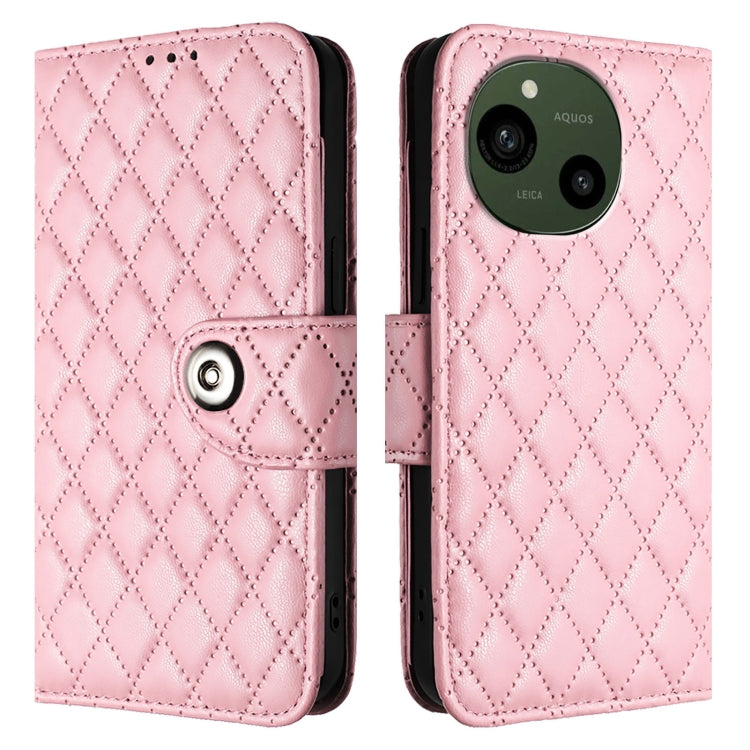 For Sharp Aquos R9 SH-51E Rhombic Texture Flip Leather Phone Case with Lanyard