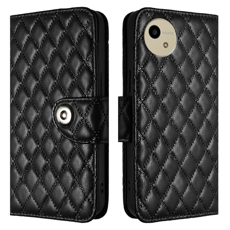 For Sharp Aquos Wish4 SH-52E Rhombic Texture Flip Leather Phone Case with Lanyard