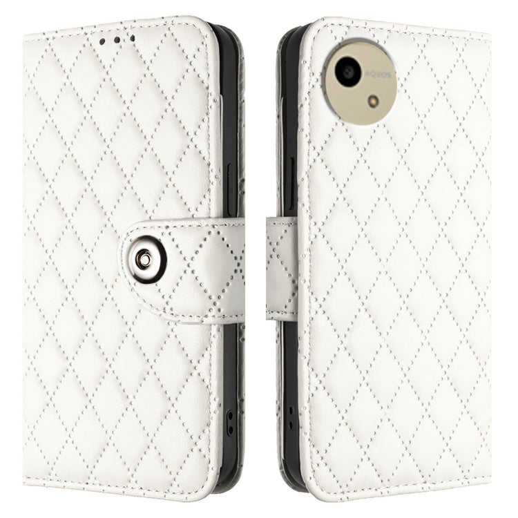 For Sharp Aquos Wish4 SH-52E Rhombic Texture Flip Leather Phone Case with Lanyard
