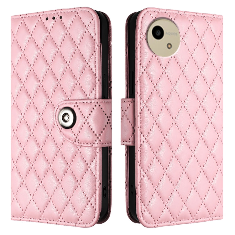 For Sharp Aquos Wish4 SH-52E Rhombic Texture Flip Leather Phone Case with Lanyard