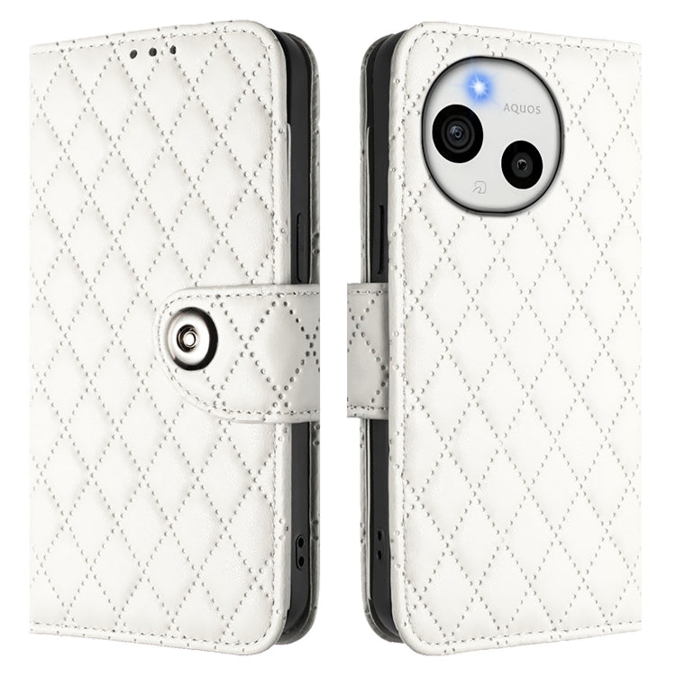 For Sharp Aquos Sense9 Rhombic Texture Flip Leather Phone Case with Lanyard