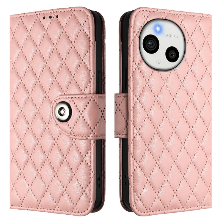 For Sharp Aquos Sense9 Rhombic Texture Flip Leather Phone Case with Lanyard
