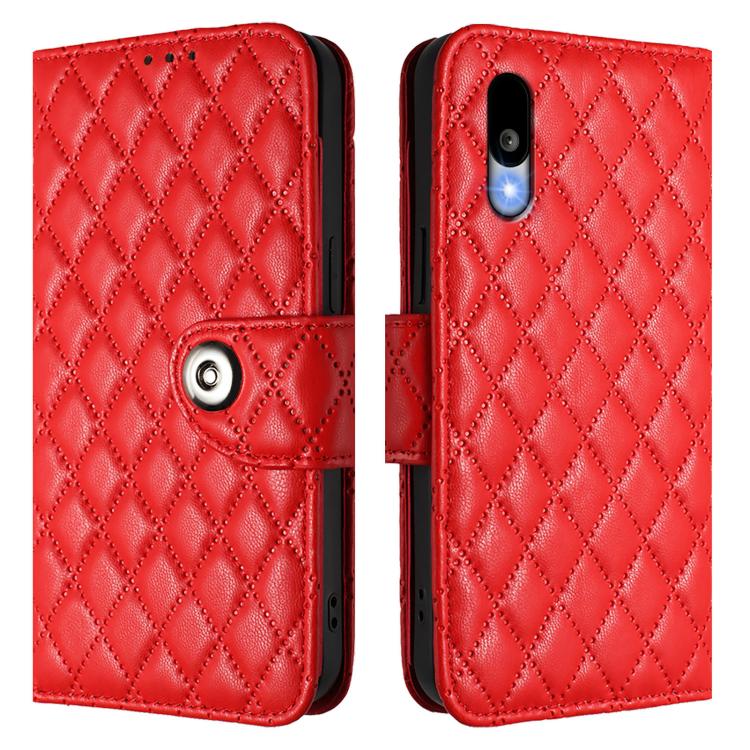 For Sharp Basio Active 3 Rhombic Texture Flip Leather Phone Case with Lanyard