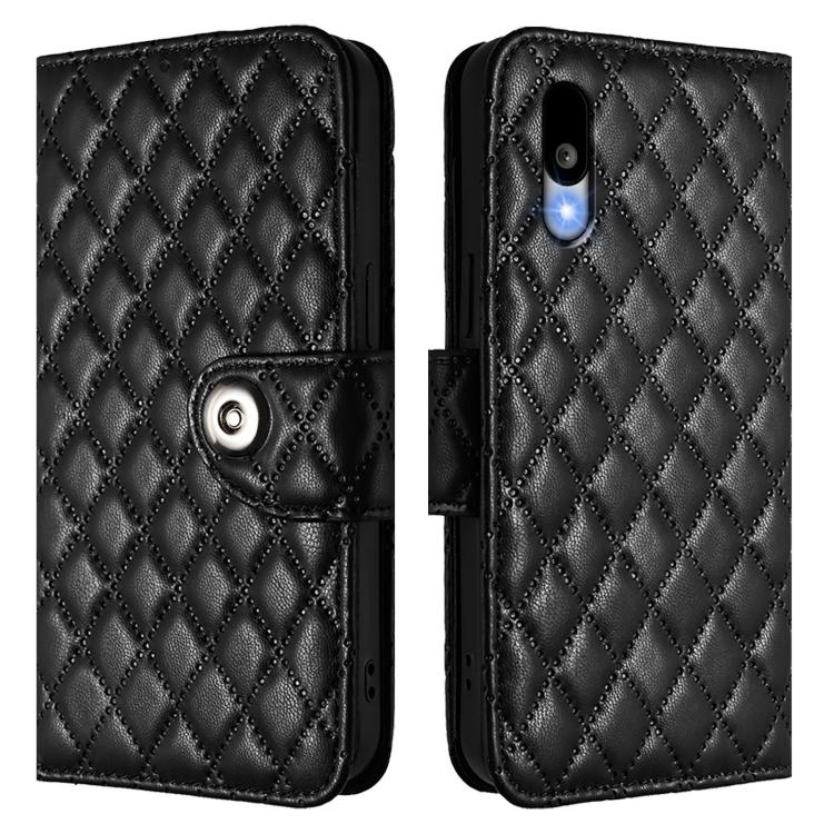 For Sharp Basio Active 3 Rhombic Texture Flip Leather Phone Case with Lanyard