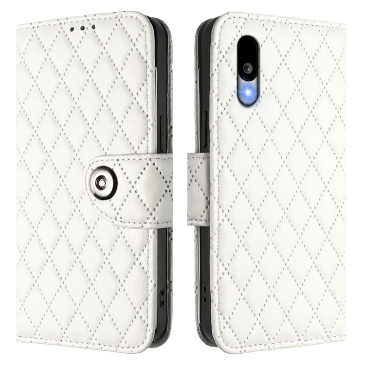 For Sharp Basio Active 3 Rhombic Texture Flip Leather Phone Case with Lanyard