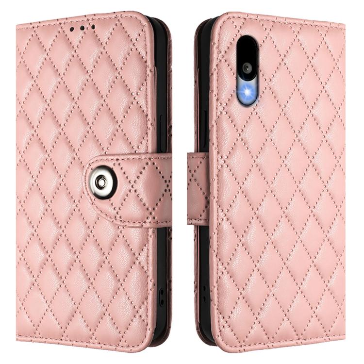 For Sharp Basio Active 3 Rhombic Texture Flip Leather Phone Case with Lanyard