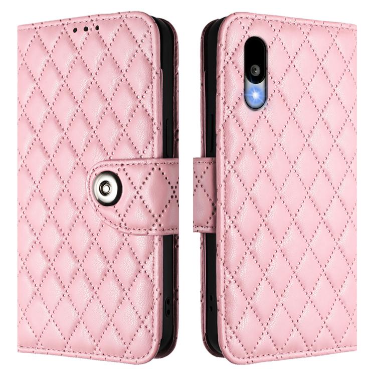 For Sharp Basio Active 3 Rhombic Texture Flip Leather Phone Case with Lanyard