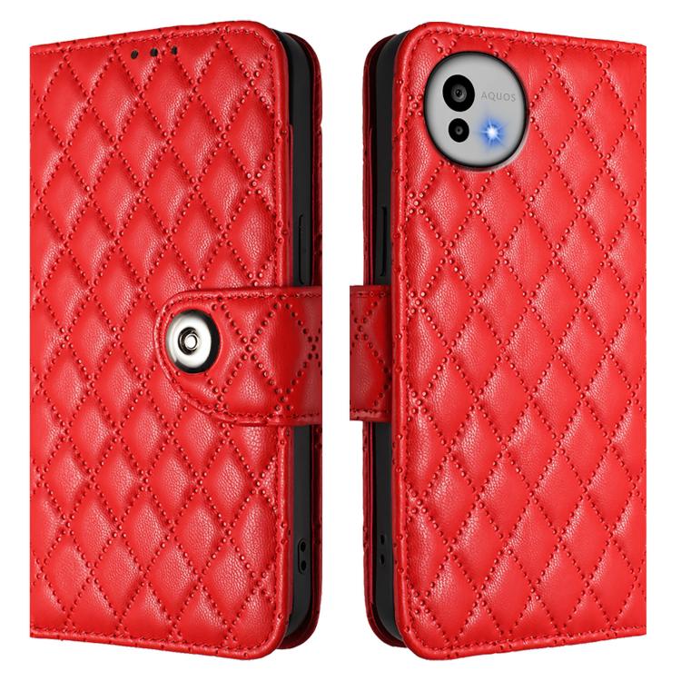 For Sharp Aquos wish6 Rhombic Texture Flip Leather Phone Case with Lanyard