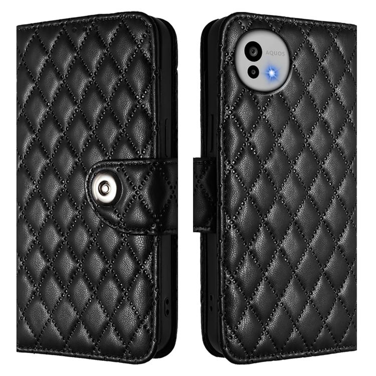 For Sharp Aquos wish6 Rhombic Texture Flip Leather Phone Case with Lanyard