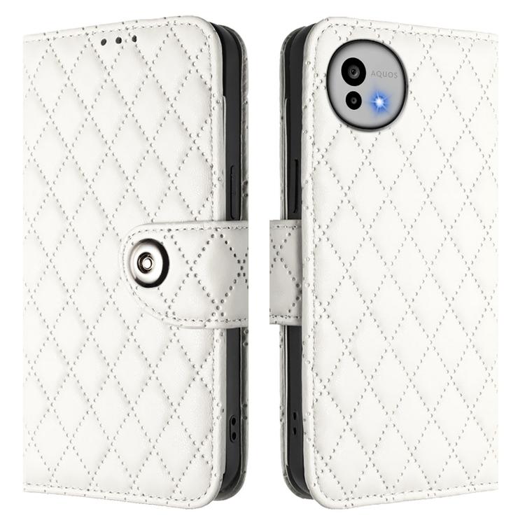 For Sharp Aquos wish6 Rhombic Texture Flip Leather Phone Case with Lanyard