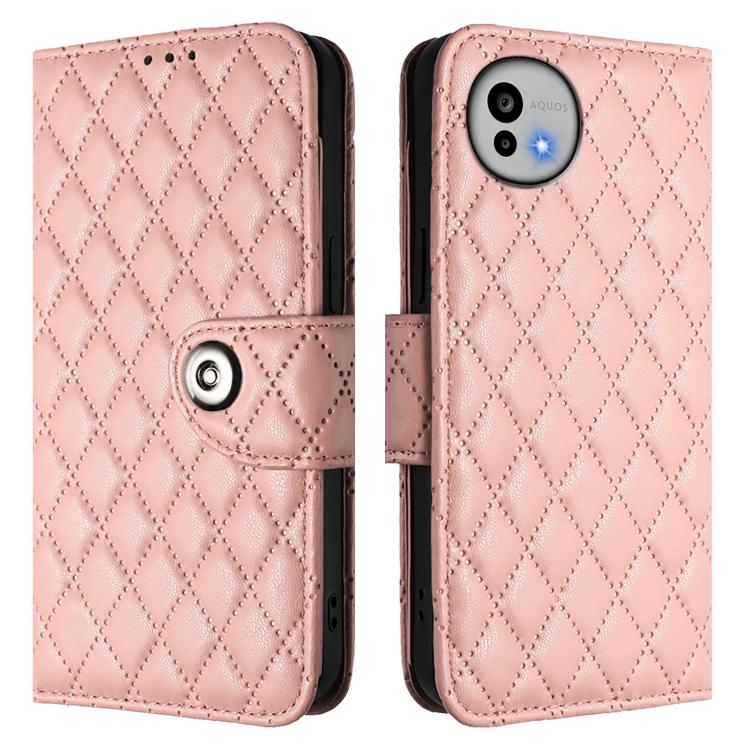 For Sharp Aquos wish6 Rhombic Texture Flip Leather Phone Case with Lanyard