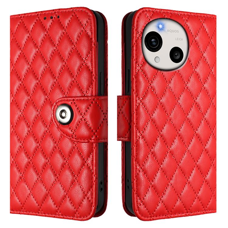 For Sharp Aquos R11 Rhombic Texture Flip Leather Phone Case with Lanyard