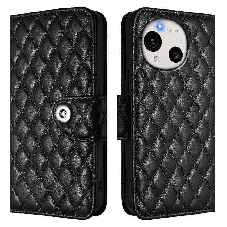 For Sharp Aquos R11 Rhombic Texture Flip Leather Phone Case with Lanyard