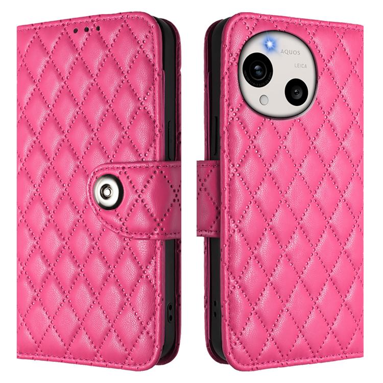 For Sharp Aquos R11 Rhombic Texture Flip Leather Phone Case with Lanyard