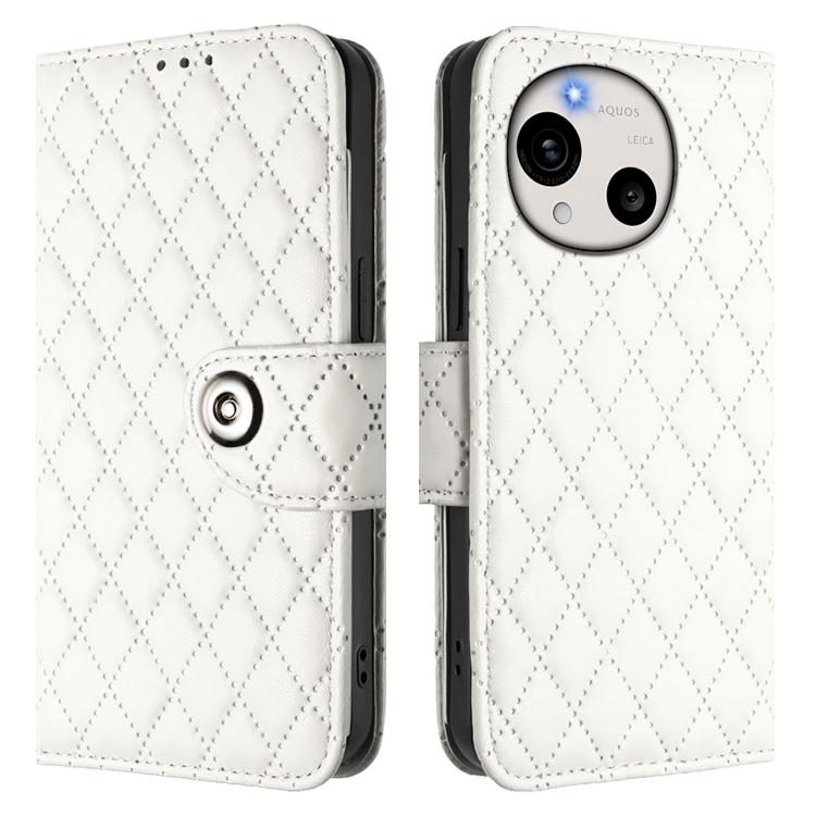 For Sharp Aquos R11 Rhombic Texture Flip Leather Phone Case with Lanyard
